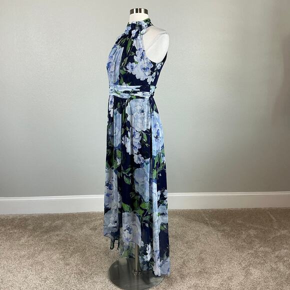 Eliza J Women's Floral Print Chiffon High Low Maxi Dress Blue Size 8 Halter - Picture 4 of 15
